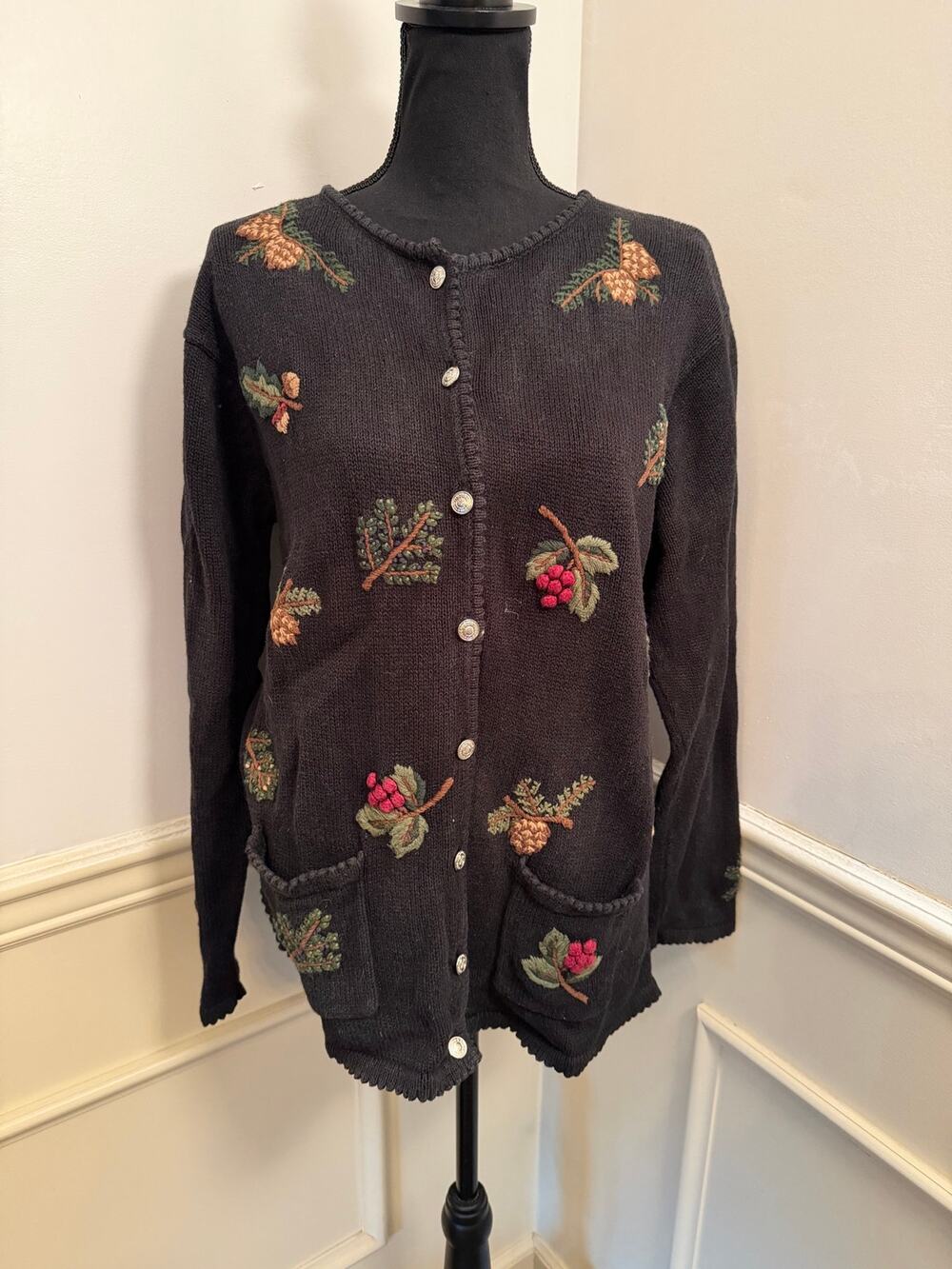 Vintage Stitches in Time Embroidered Autumn Cardigan Sweater Black Knit Large